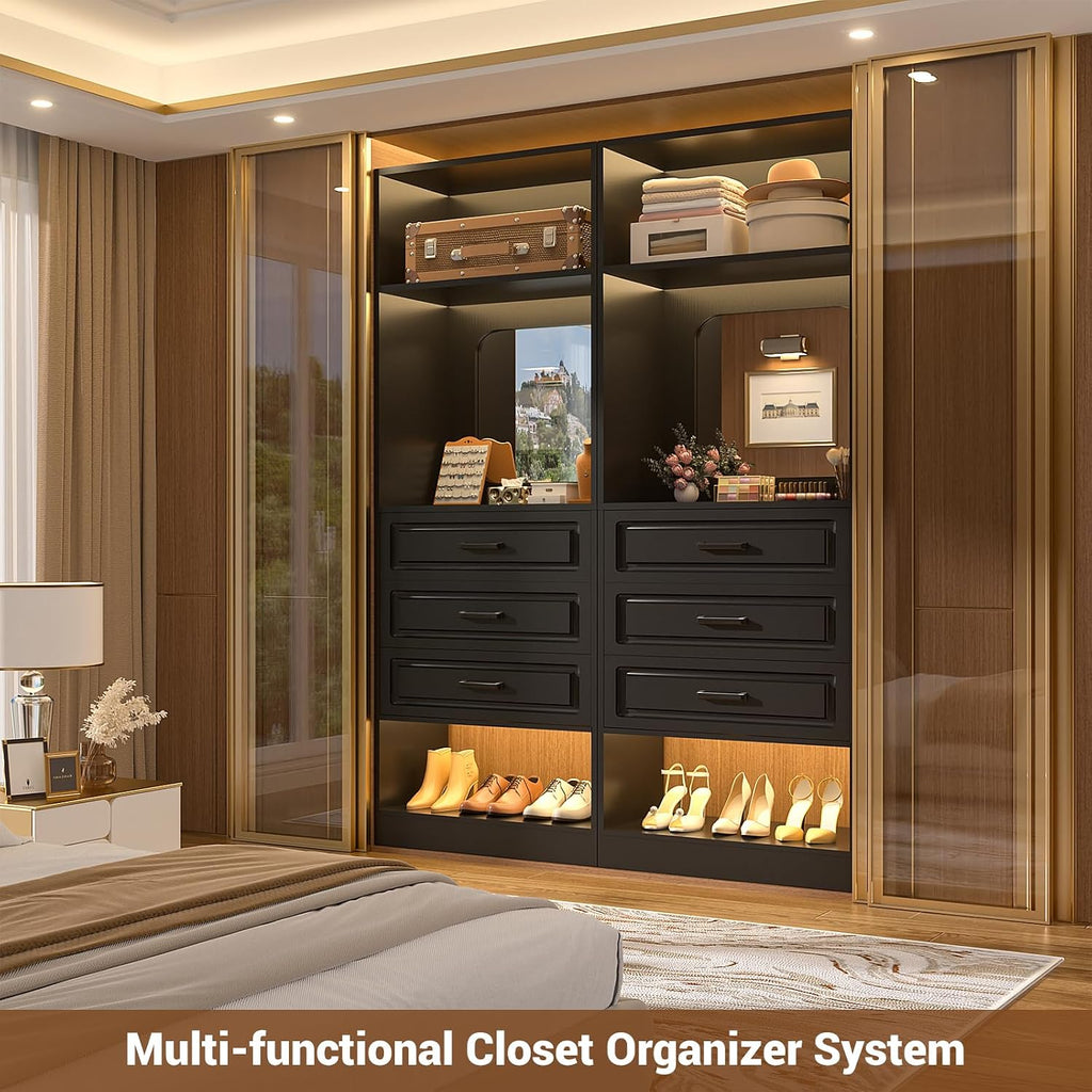 Unikito 25'Freestanding Closet System with 3 Drawers, Organizer Wardrobe with Storage Shelves and Mirror, Sturdy Wood Walk-in Organizer Systems for Small Closets, 25' W x 16' D x 80' H, Black