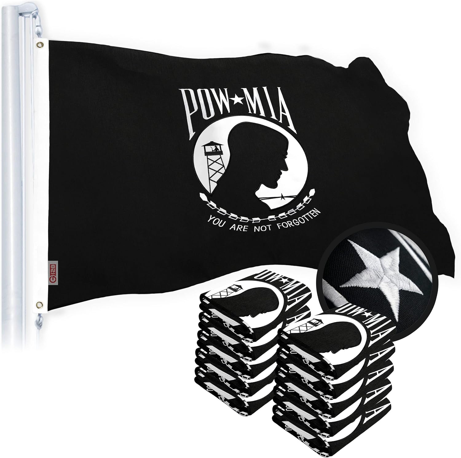 G128 10 Pack: POW MIA Flag | 3x5 Ft | StormFlyer Series Embroidered 220GSM Spun Polyester | Embroidered Design, Indoor/Outdoor, Brass Grommets, Heavy Duty, All Weather