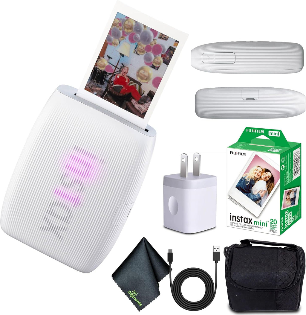 Fujifilm INSTAX MINI Link 3 Smartphone Printer (Clay White) + Travel Bag Small INSTAX MINI Instant Film (20 Sheets) + USB Power Charging Adapter + Diginerds Microfiber Cleaning Cloth