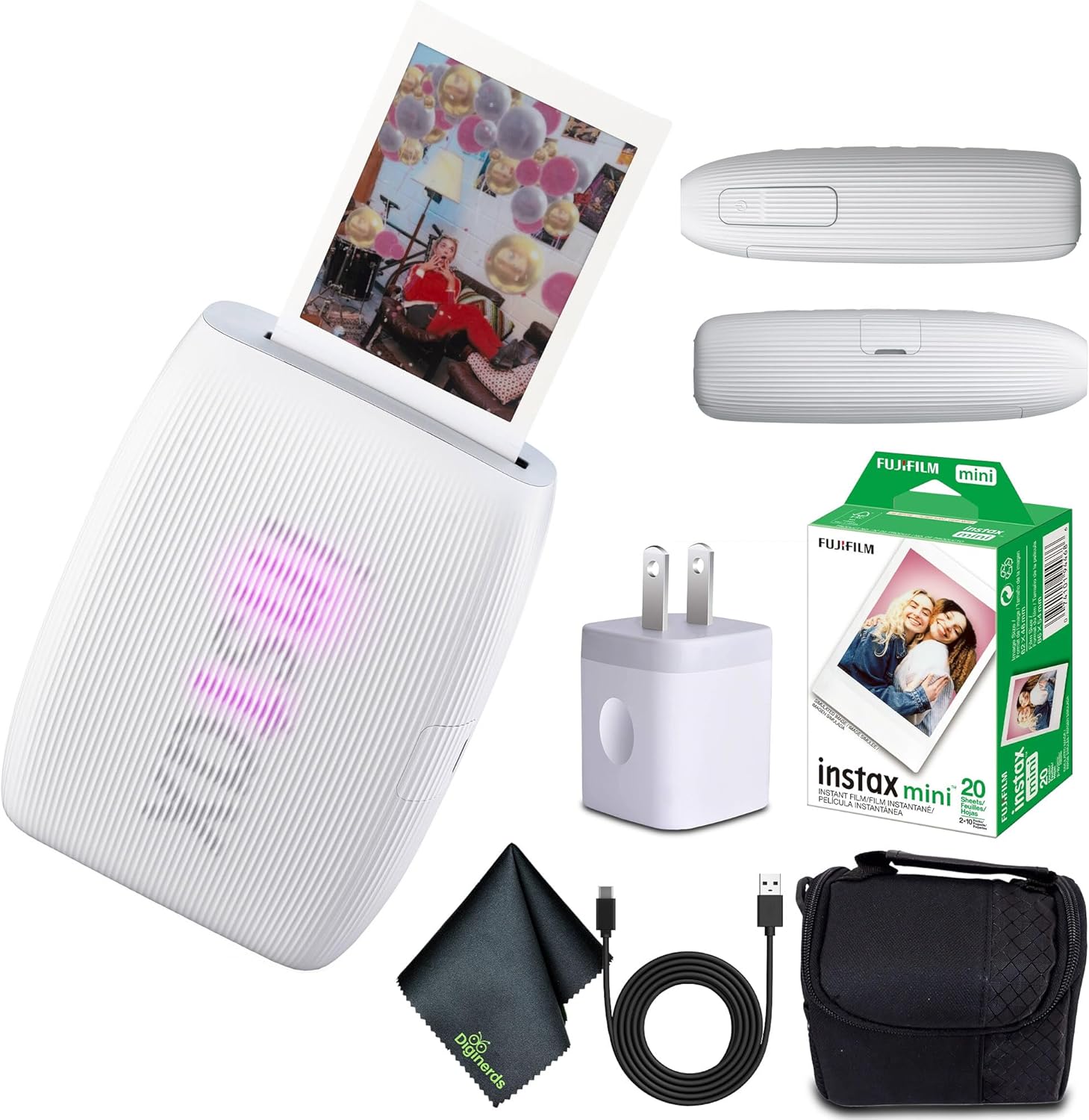 Fujifilm INSTAX MINI Link 3 Smartphone Printer (Clay White) + Travel Bag Small INSTAX MINI Instant Film (20 Sheets) + USB Power Charging Adapter + Diginerds Microfiber Cleaning Cloth