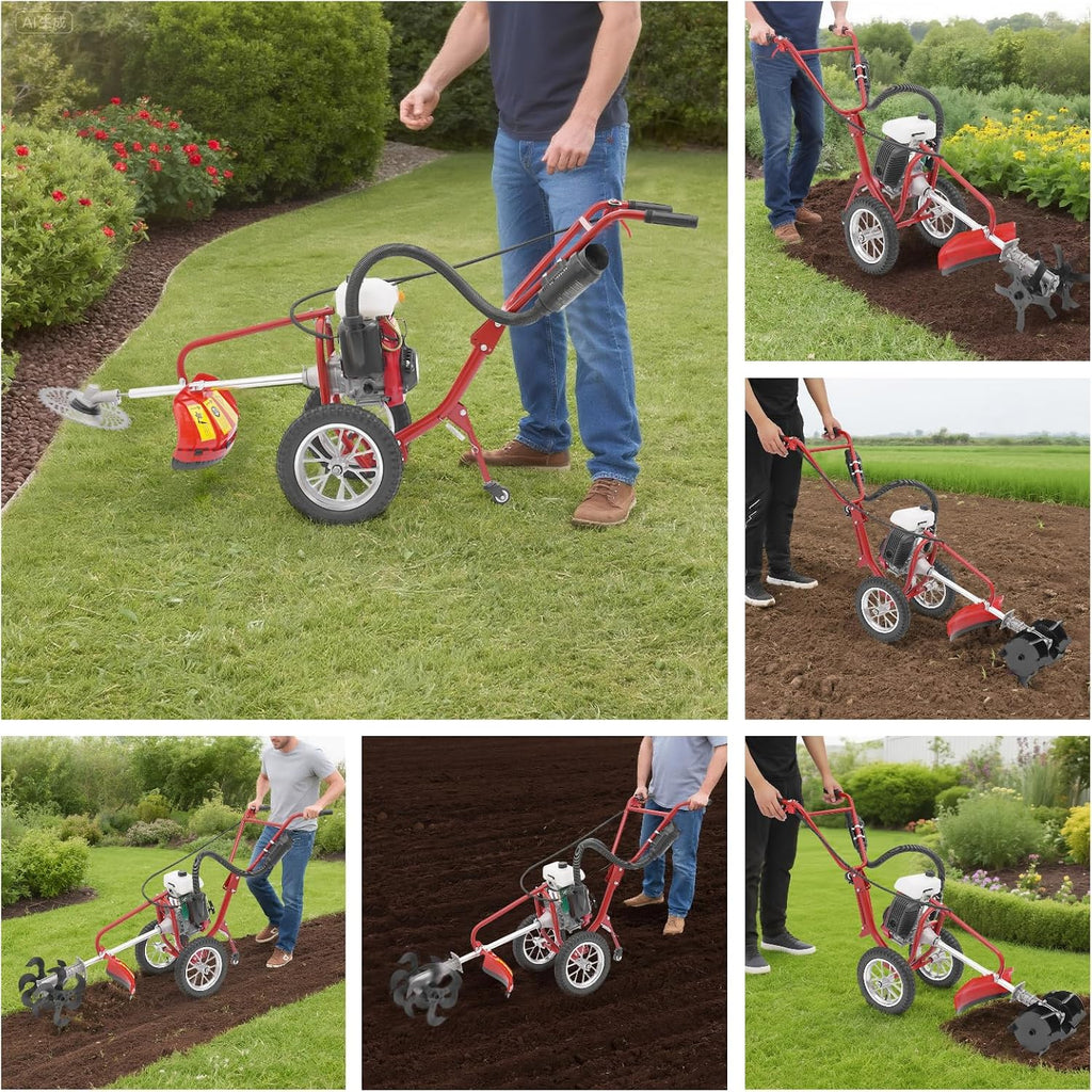 Mini Cultivator, 63CC 4-Stroke Gasoline 3-in-1 Handheld Micro Tiller, 4HP Powerful Soil Loosening Machine, Versatile Gardening Machine for Plowing, Tilling, Furrowing, Weeding, 57.09*17.32*27.56in