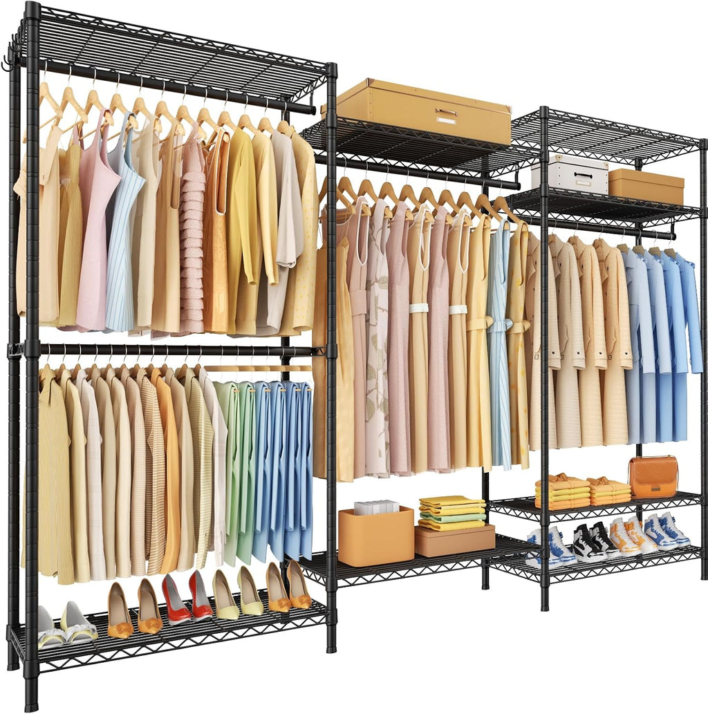 Ulif E13 Pro Heavy Duty Clothes Rack（With 4 Hanger Rods & 8 Shelves） Freestanding Clothing Racks for Hanging Clothes，Adjustable Closet，Metal Garment Rack 75' W x16 D x77 H，Max Load 1000LBS，Black
