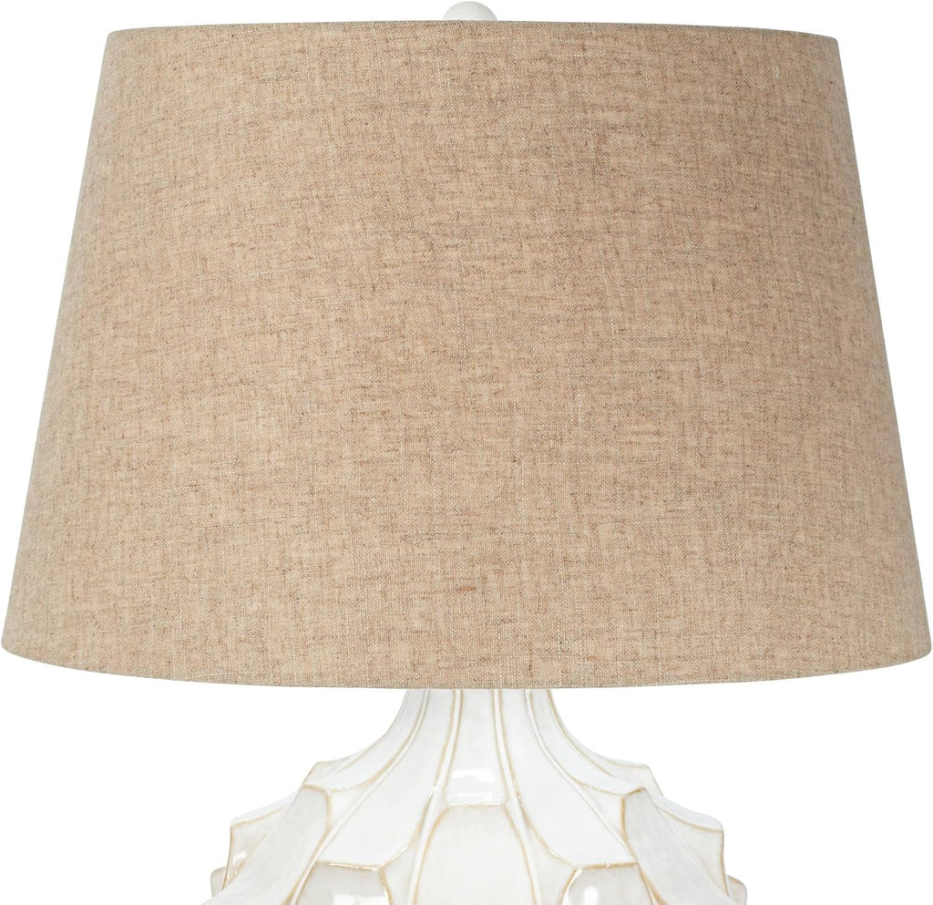 Possini Euro Design Cosgrove Country Cottage Table Lamps 26 1/2' Tall Set of 2 White Glazed Textured Ceramic Brown Linen Drum Shade for Bedroom Family Room Bedside Nightstand House Home Office