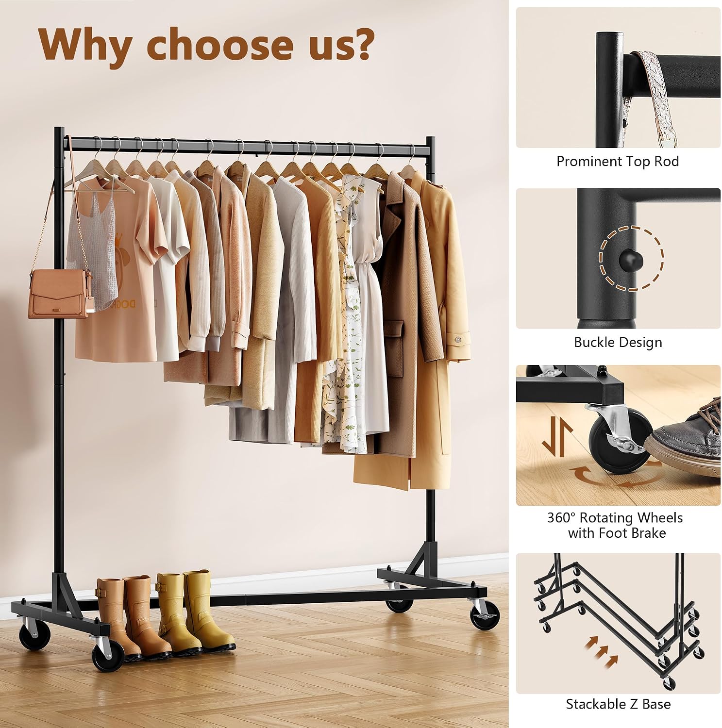 Hoctieon Z Rack Set of 2, Rolling Clothing Racks with Z-Base, Heavy Duty Garment Racks Set of 2, Clothes Rack on Wheels with Brakes, Clothes Organizer Rack Set of 2, Black