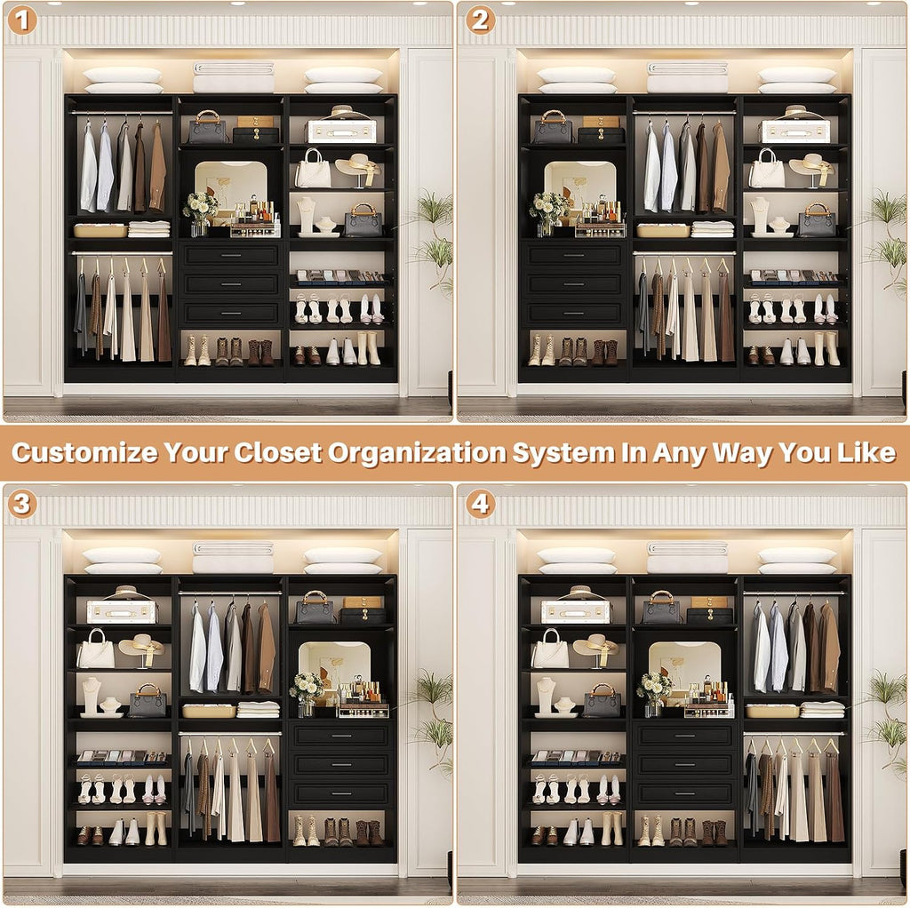 Unikito Modular Closet System with 3 Sets, 75'Closet Organizer System With Drawers, Mirror, Hanging Rods and Adjustable Shelves, Freestanding Wood Wardrobe Garment Rack, Walk in Closet Tower, Black