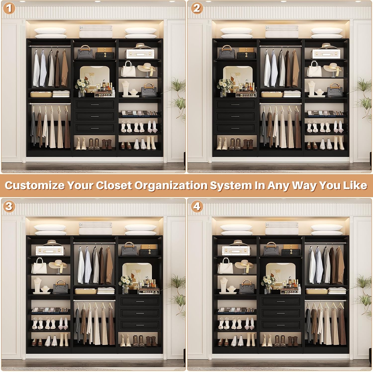 Unikito Modular Closet System with 3 Sets, 75'Closet Organizer System With Drawers, Mirror, Hanging Rods and Adjustable Shelves, Freestanding Wood Wardrobe Garment Rack, Walk in Closet Tower, Black
