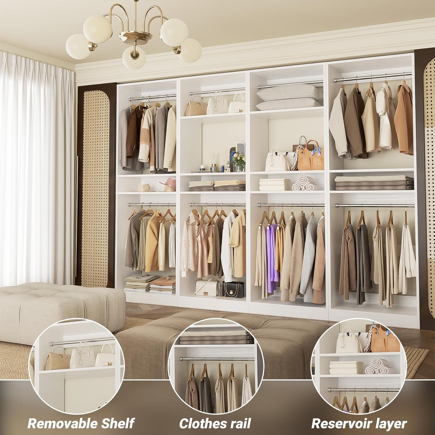 Unikito 100' Closet System, 8.3FT Wood Closet Storage Organizer with 8 Hanging Rods, Adjustable Large Walk in Wardrobe Closet Tower, Sturdy Clothes Garment Rack, Easy Assembly, Set of 4, White