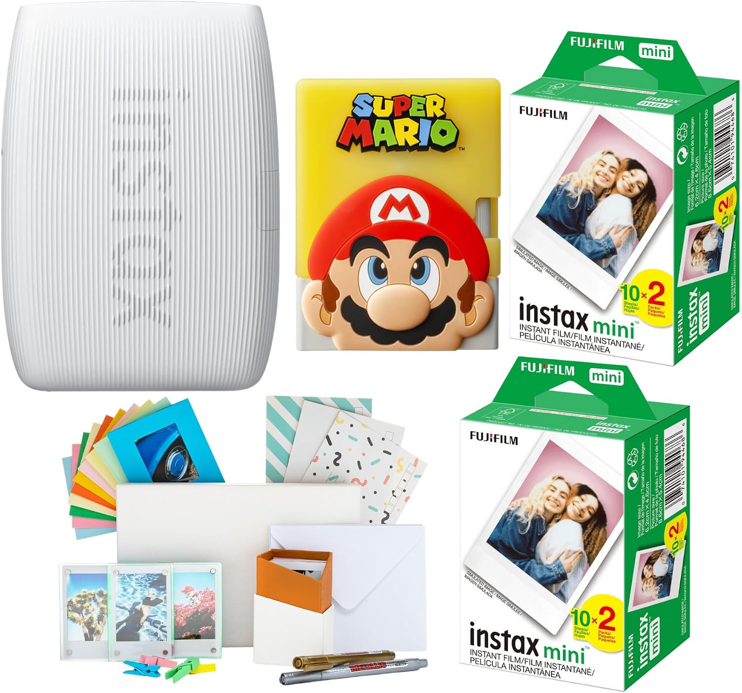 Fujifilm Instax Mini Link 3 Smartphone Printer with Super Mario Case (Clay White) Bundle with 20 Exposure Film (2 Pack) and Accessories Kit (4-Items)