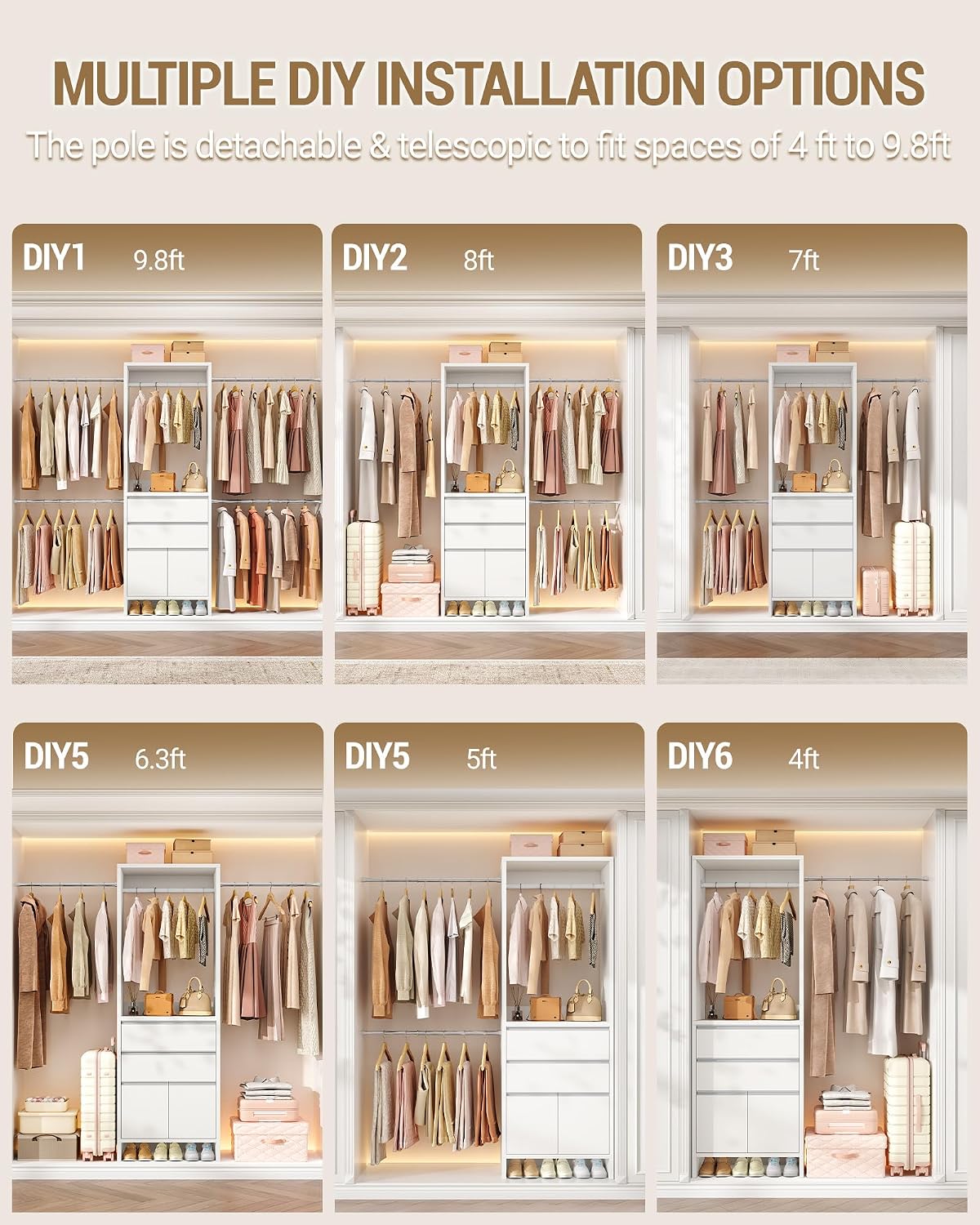 Hzuaneri Closet System with 2 Drawers, Walk-in Closet Organizer System Wooden Storage Systems with 4 Hang Rods & Shoe Cabinet, Fits Spaces 4-9.8FT, Wardrobe Clothes Rack Garment Rack, White MC00103E