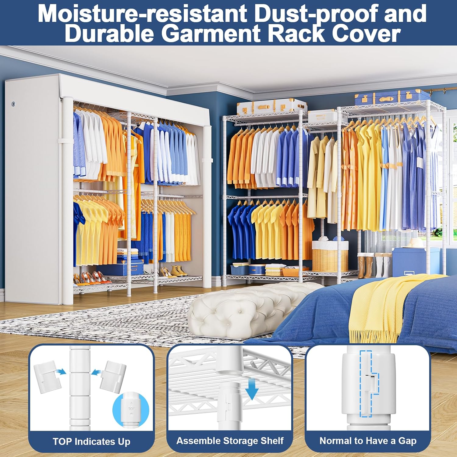 Ulif E12C Pro Heavy Duty Closet Organizer System，Freestanding Clothing Racks for Hanging Clothes，Adjustable Garment Rack 71'W x 16'D x 76.5'H Hold 960lbs，White Clothing Rack with White Dustproof Cover