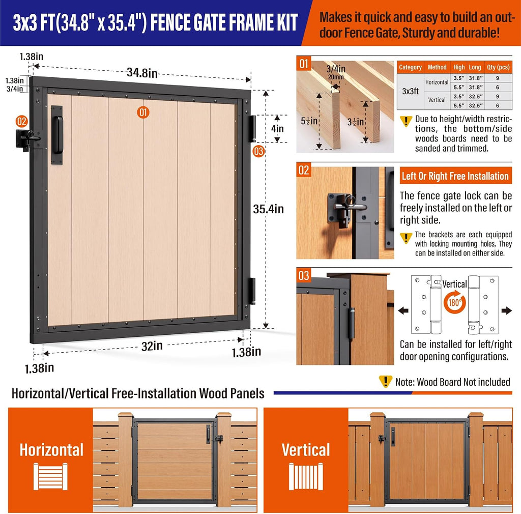 3x3FT (34.8'W X 35.4'H) 201 Stainless Steel Anti Sag Wooden Fence Gate Kit Heavy Duty Garden Gate Frame Hardware Kit Reinforcement (Left/Right Free-Installation)