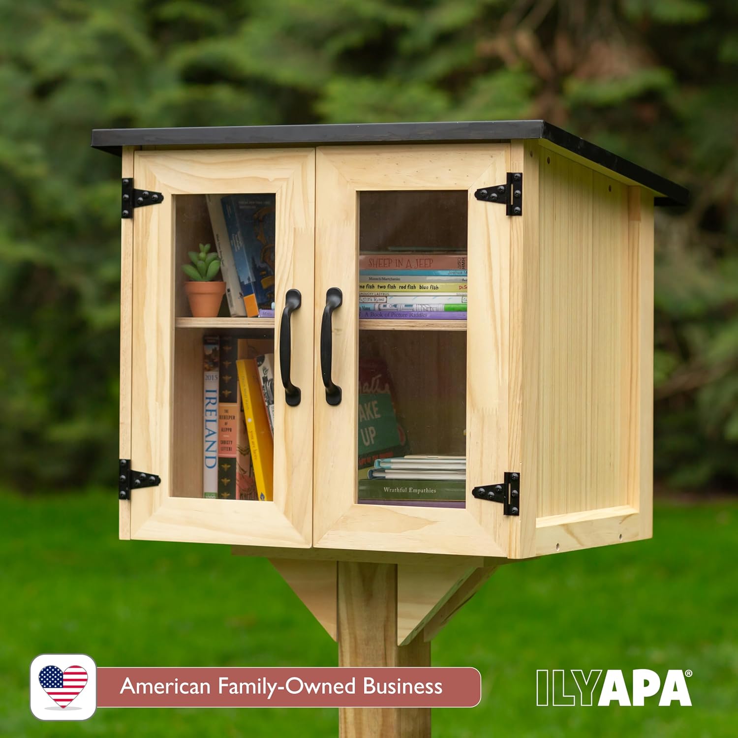 Ilyapa Outdoor Library Book Box - Free Literature Exchange Kit for Outside - Little Wood Cabinet for Sharing Books and Arts - 20x14x19 Inch