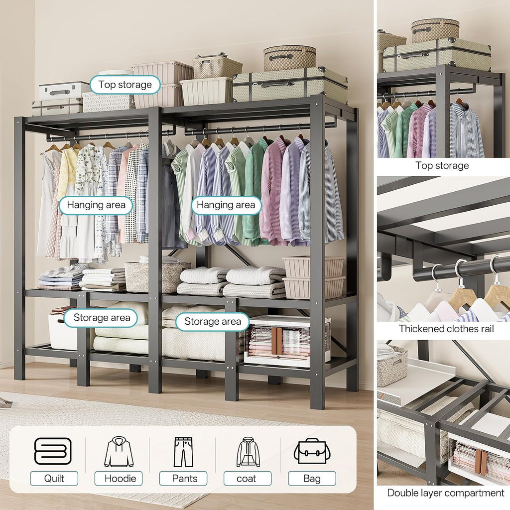 Heavy Duty Portable Closet Wardrobe, Garment Rack with Cover & Hanging Rods, Freestanding Wardrobe with Magnetic Door, Metal Closet Rack for Hanging Clothes (Door Design, 70.9''/180cm)