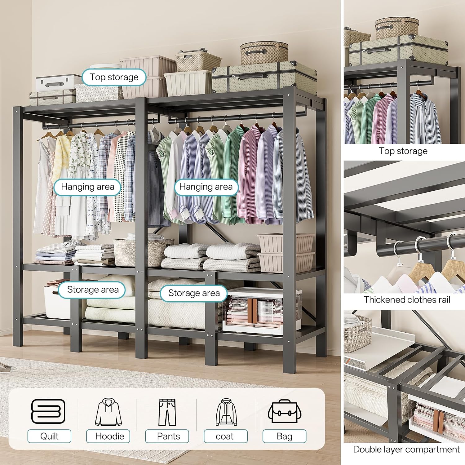 Heavy Duty Portable Closet Wardrobe, Garment Rack with Cover & Hanging Rods, Freestanding Wardrobe with Magnetic Door, Metal Closet Rack for Hanging Clothes (Door Design, 70.9''/180cm)