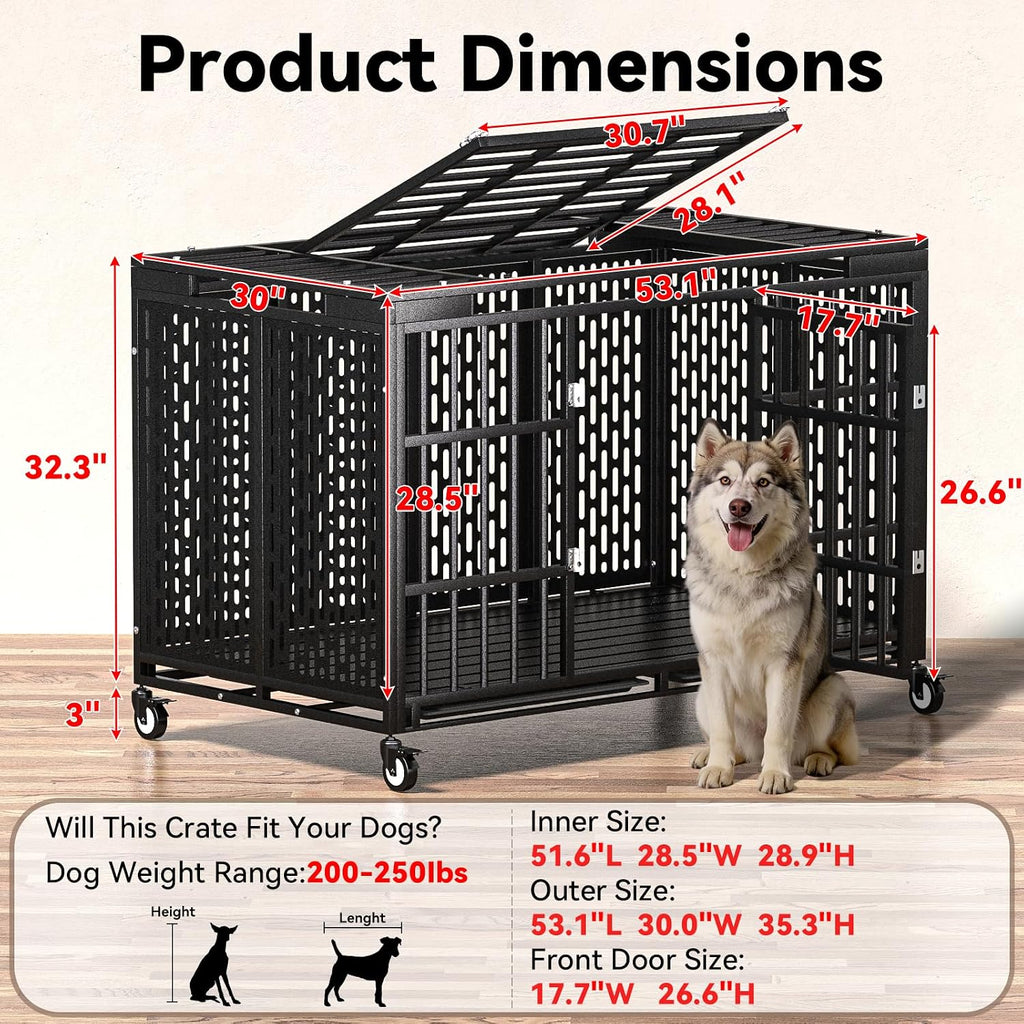 54 Inch Heavy Duty Dog Crate with Wheels,Indestructible Escape-Proof Dog Kennel with Locking Latch and Double Door,Extra Large XL XXL Crate Indoor for Large and Medium Dog with Removable Tray