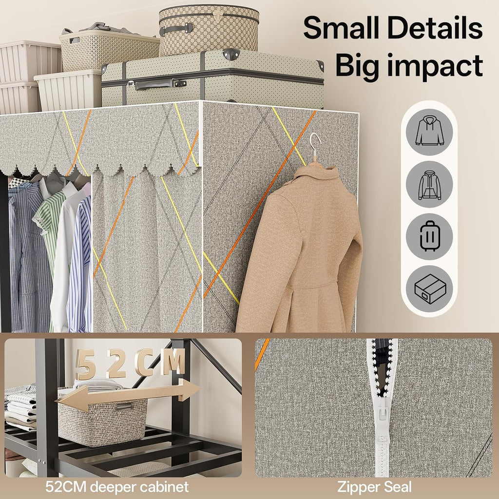 Heavy Duty Clothing Rack with Oxford Fabric Cover, Portable Closet Wardrobe with Hanging Rods, Freestanding Wardrobe, Metal Closet Rack for Hanging Clothes (Zipper Design, 59.1''/150cm)
