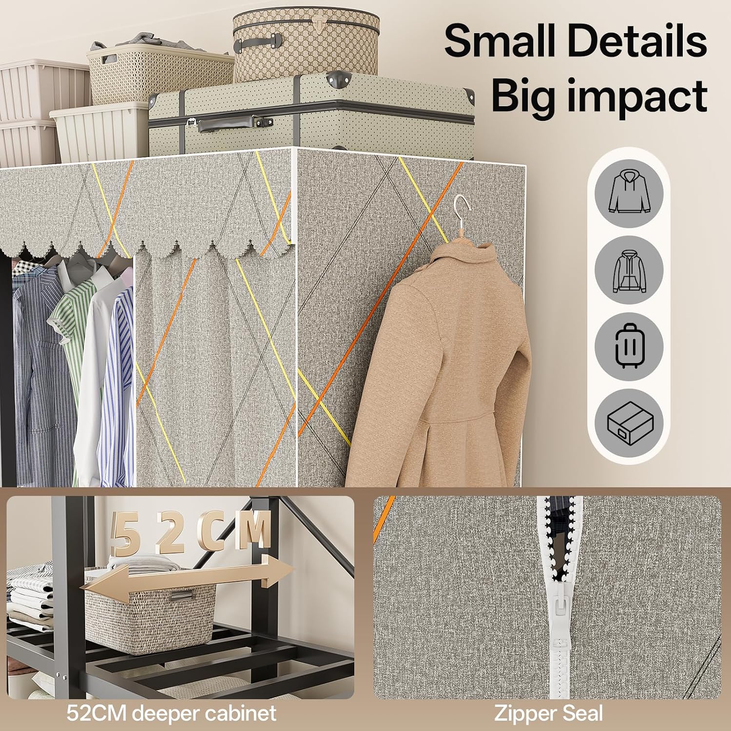 Heavy Duty Clothing Rack with Oxford Fabric Cover, Portable Closet Wardrobe with Hanging Rods, Freestanding Wardrobe, Metal Closet Rack for Hanging Clothes (Zipper Design, 59.1''/150cm)