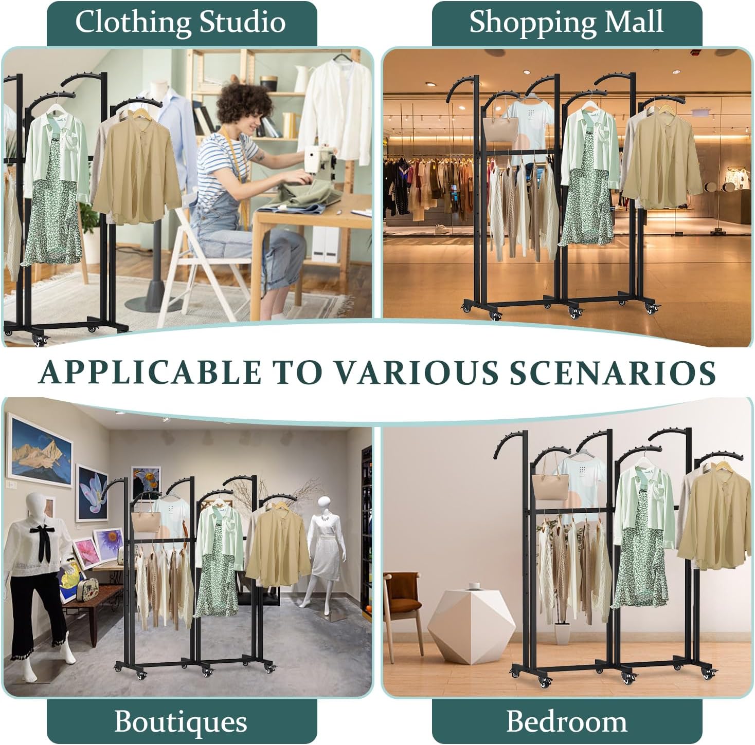 Floor Standing Metal Garment Rack With Wheels, 6 Arms Clothing Rack, Heavy Duty Metal Clothing Garment Rack with Curved Arms, Display Rack for Hanging Clothes,Black