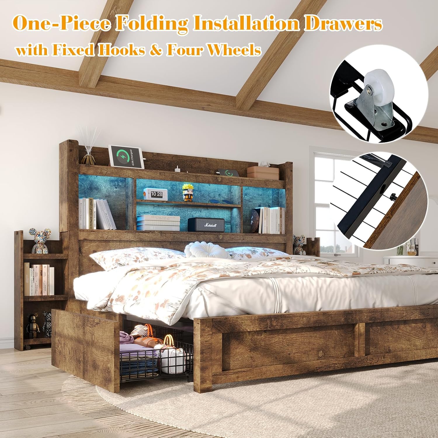 LUXOAK Full Bed Frame with 49.6' Bookcase Headboard & 2 Bedside Stoage Racks & 4 Drawers, Farmhouse Wood Bed Frame with RGB LED & Charging Station, No Box Spring Needed, Rustic Brown
