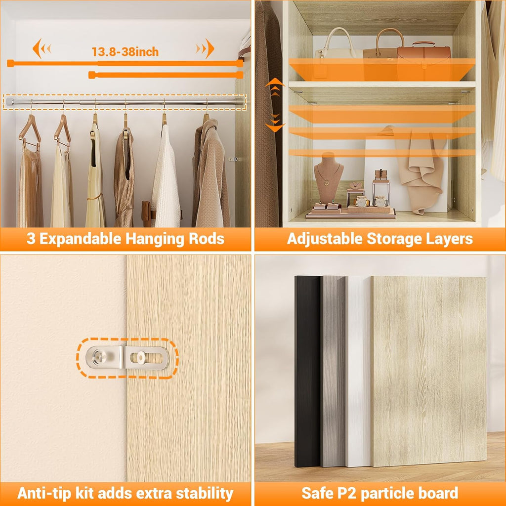 Homieasy 96 Inches Closet Organizer System, 8FT Customizable Walk In Closet Organizer with Hanging Rods, 3 Leather Handle Drawers Garment Rack, 96' L x 16' W x 75' H, Max Load 1000 LBS, White Oak