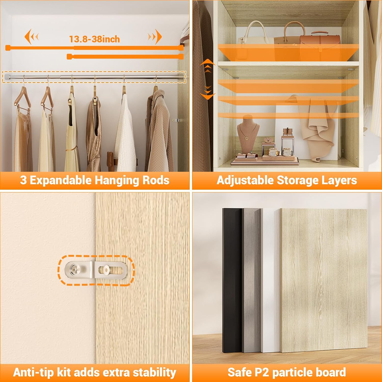 Homieasy 96 Inches Closet Organizer System, 8FT Customizable Walk In Closet Organizer with Hanging Rods, 3 Leather Handle Drawers Garment Rack, 96' L x 16' W x 75' H, Max Load 1000 LBS, White Oak