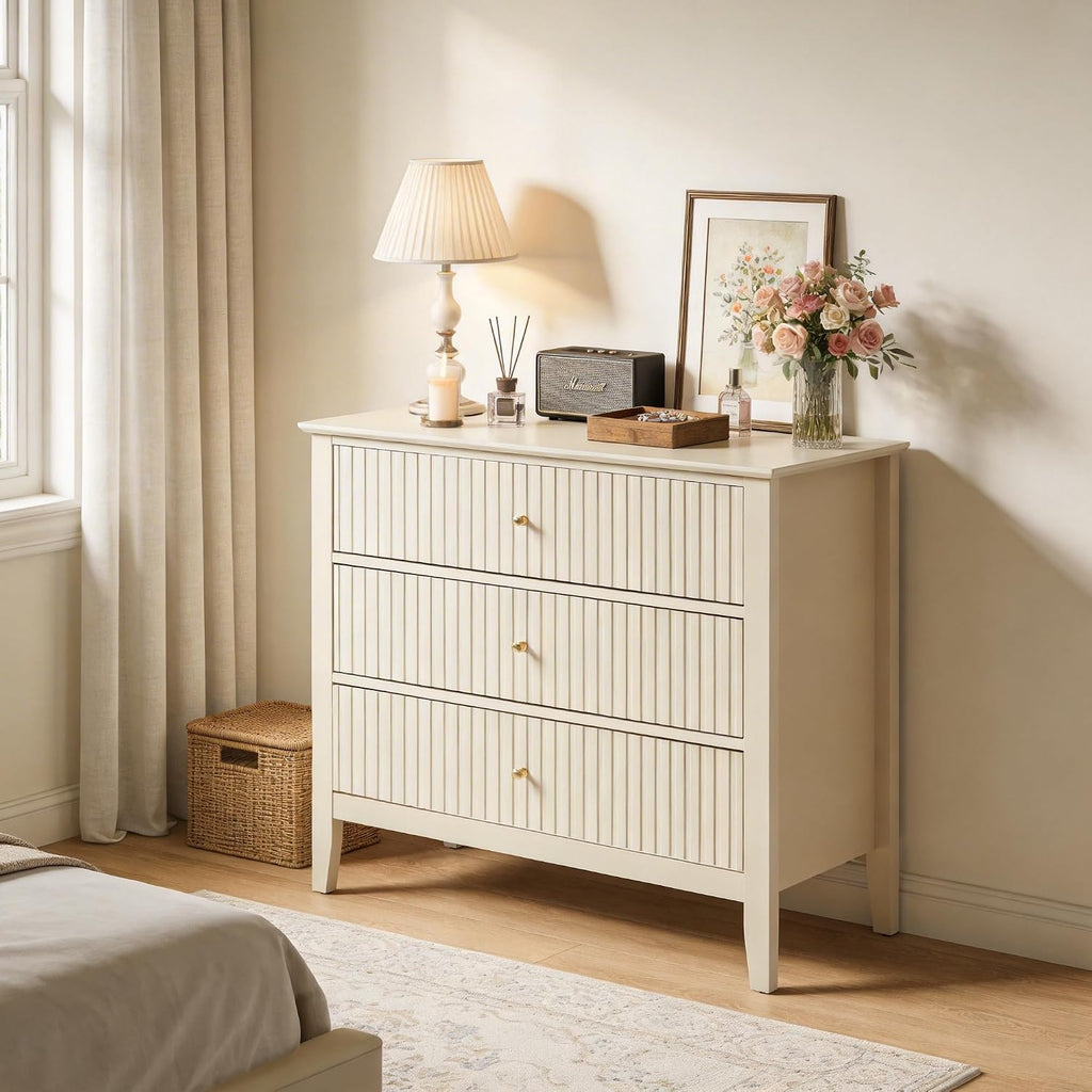 RoyalCraft 32' Large Nightstand Set of 2, Fluted Painted Bedside Table with 3 Spacious Drawers, Modern Tall End Table for Bedroom, Beige