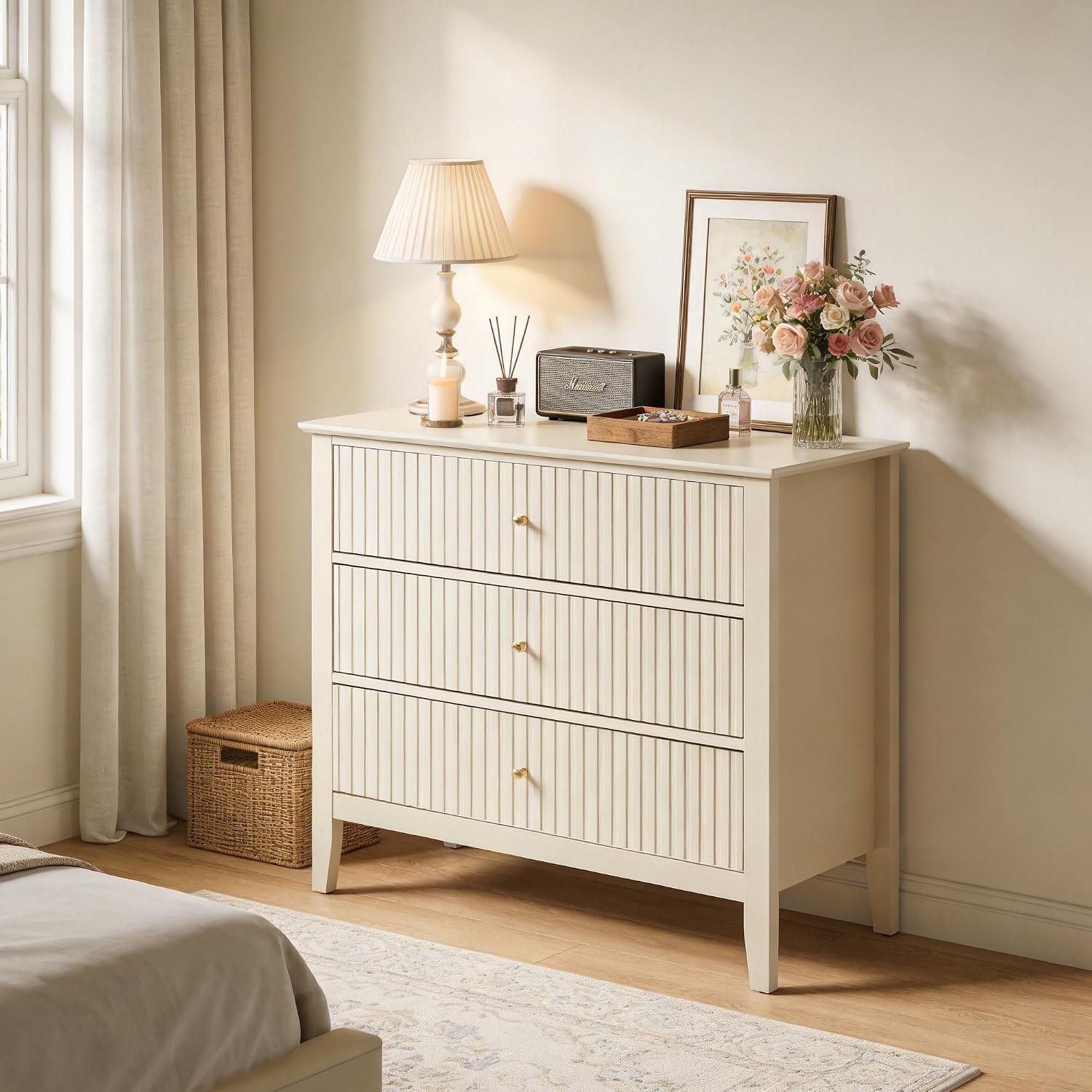 RoyalCraft 32' Large Nightstand Set of 2, Fluted Painted Bedside Table with 3 Spacious Drawers, Modern Tall End Table for Bedroom, Beige