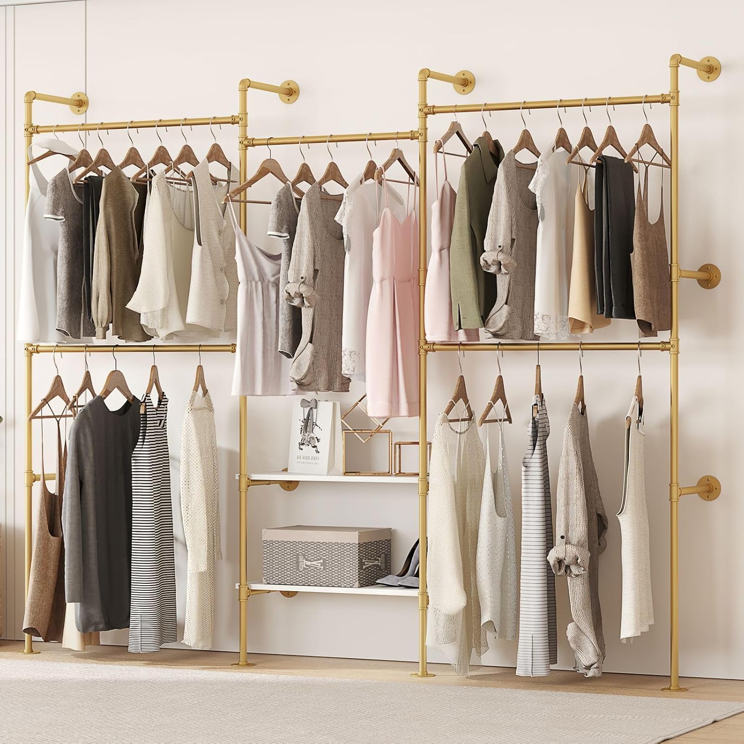 Industrial Pipe Clothes Rack,Wall Mounted Closet Wardrobe Rack, Corner L Shaped Walk-in Closet System, 2 Installation Methods (Gold, 80' H x 86' W)