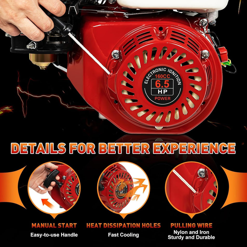 4-Stroke Gas Engine, Multi-Use Engine Gas Powered, Portable Gas Engine Motor with Air Cooling Pull Start, Home Back Up, Industrial Grade Outdoor Power Equipment, 160cc, 6.5HP (4-Stroke 6.5HP Red)