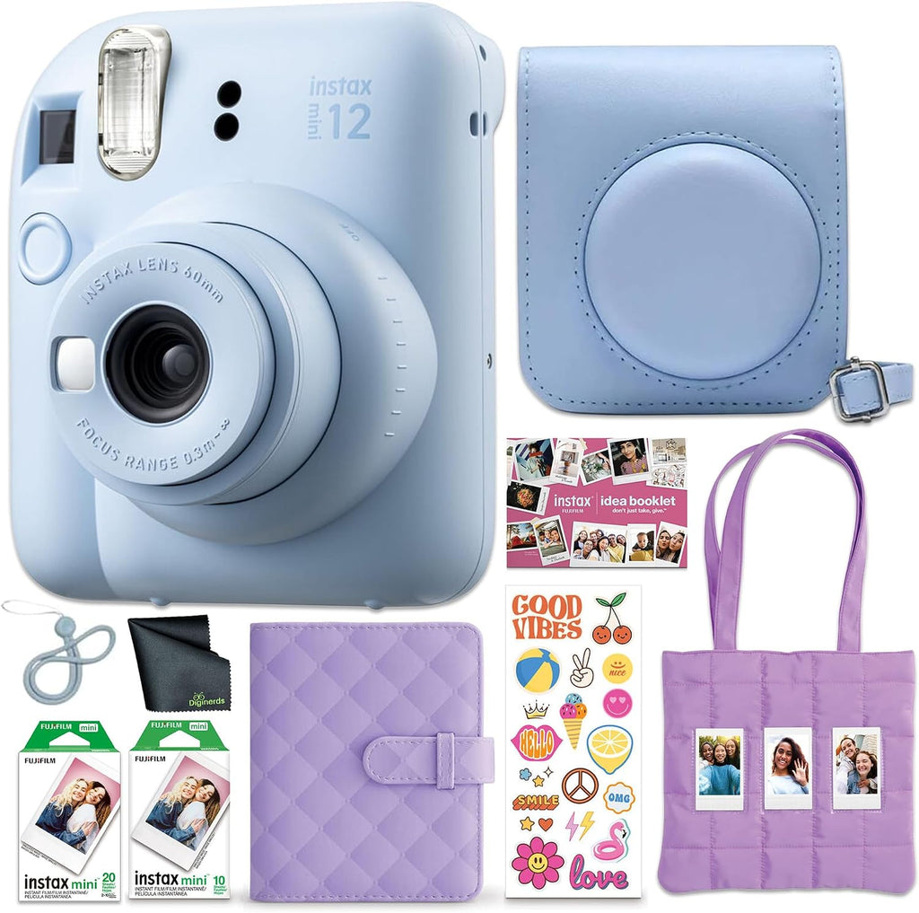 FUJIFILM Instax Mini 12 Instant Film Camera 2025 Holiday Bundle (Blue) + Compatible Carrying Case + Fuji Film Value Pack (20 Sheets) + Microfiber Cleaning Cloth