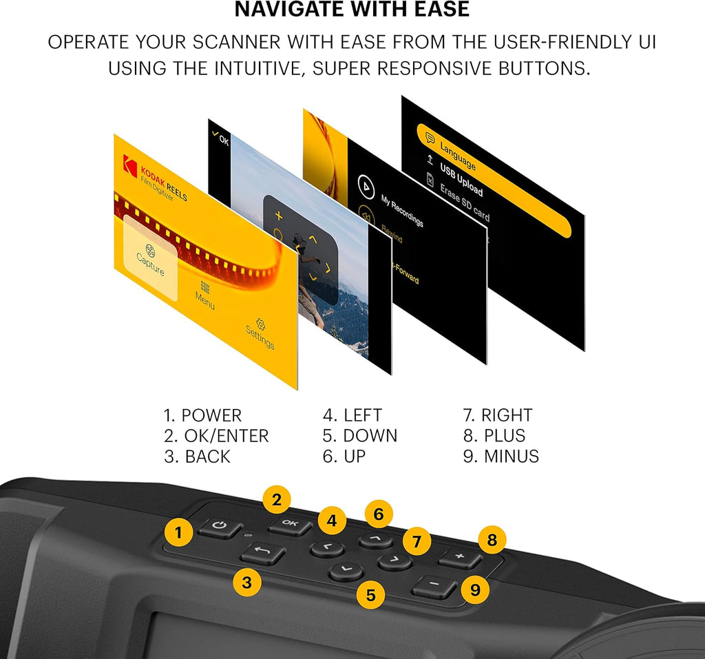 KODAK REELS 8mm & Super 8 Films Digitizer Converter with Big 5' Screen, Scanner Converts Film Frame by Frame to Digital MP4 Files for Viewing, Sharing & Saving on SD Card for 3' 4' 5' 7' and 9' Reels