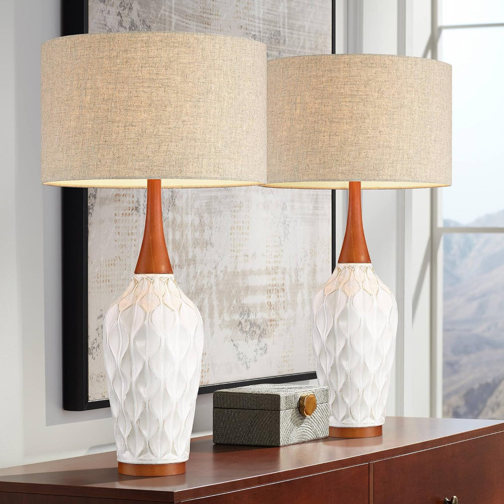 360 Lighting Rocco Mid Century Modern Table Lamps 30' Tall Set of 2 White Geometric Ceramic Oak Wood Tan Fabric Drum Shade for Bedroom Living Room Bedside Nightstand House Home Office