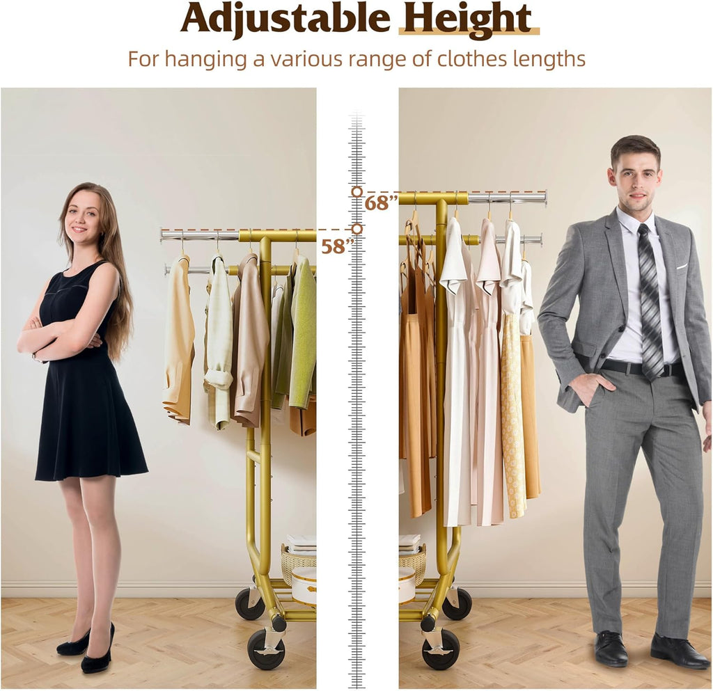 Raybee Clothes Rack Load 650LBS Heavy Duty Clothing Rack, Collapsible Clothes Racks for Hanging Clothes with Adjustable Height & Double Rods, Commercial Garment Rack with Wheels, Easy Assembly, Gold