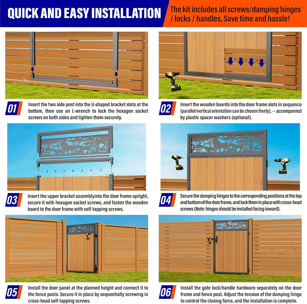 4x6FT (46.78' W X 70.8' H) 201 Stainless Steel Anti Sag Wooden Fence Gate Kit Heavy Duty Garden Gate Frame Hardware Kit Reinforcement (Left/Right Free-Installation)