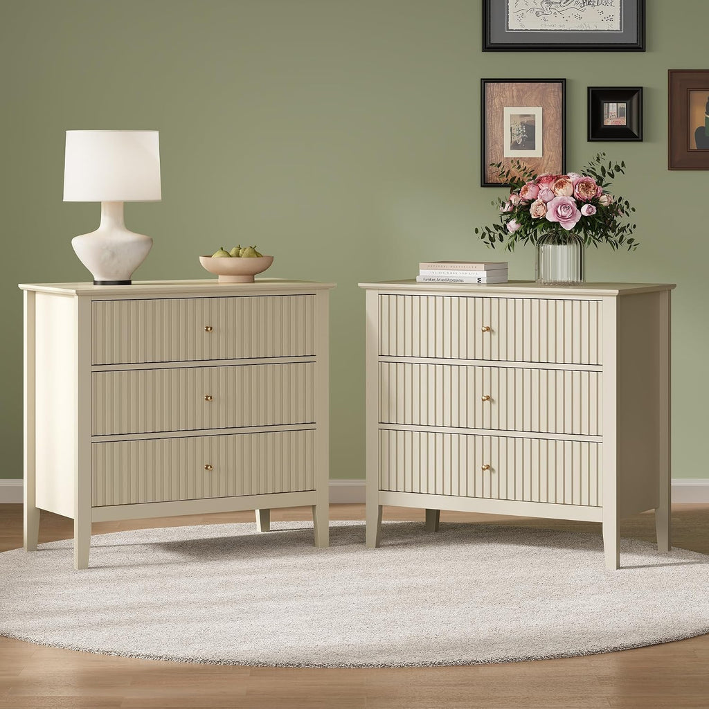 RoyalCraft 32' Large Nightstand Set of 2, Fluted Painted Bedside Table with 3 Spacious Drawers, Modern Tall End Table for Bedroom, Beige
