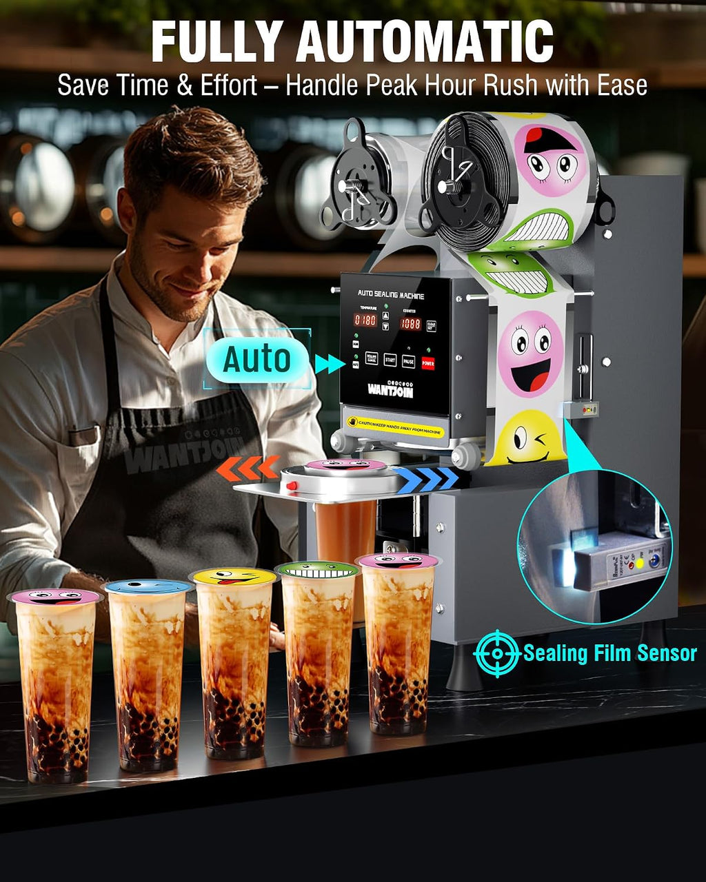WantJoin Cup Sealer Machine - Full Automatic Cup Sealing Machine 90/95mm Caliber Electric Boba Sealing Machine Seals 500-600 Cups/H Digital Control Panel Cup Sealer for Bubble Milk Tea Coffee Shop