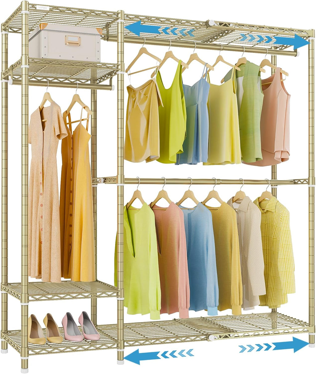 VIPEK X20 Expandable Metal Clothing Rack Adjustable from 3'3' to 4'8' Heavy Duty Garment Racks With Shelves and Hanger Rods Portable Wardrobe Open Closet System, Gold