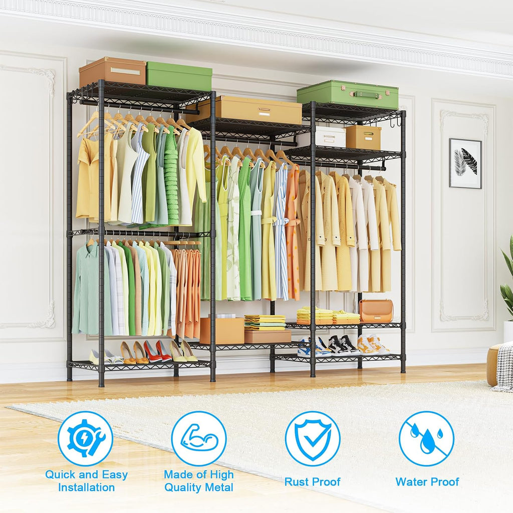 Ulif E13 Heavy Duty Clothes Rack（With 4 Hanger Rods & 8 Shelves） Freestanding Clothing Racks for Hanging Clothes，Adjustable Closet Organizer，Metal Garment Rack 63' W x16 D x77 H，Max Load 900LBS，Black