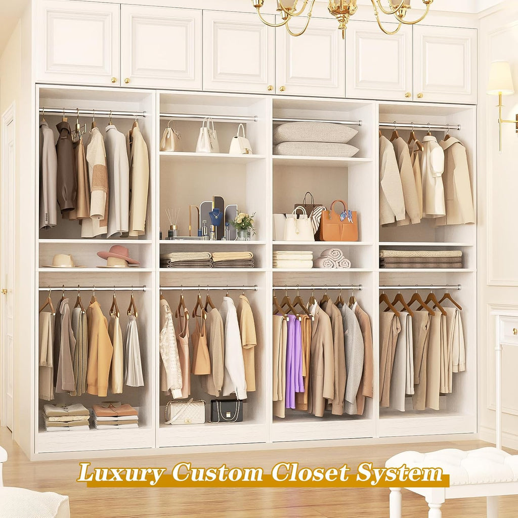 Unikito 100' Closet System, 8.3FT Wood Closet Storage Organizer with 8 Hanging Rods, Adjustable Large Walk in Wardrobe Closet Tower, Sturdy Clothes Garment Rack, Easy Assembly, Set of 4, White