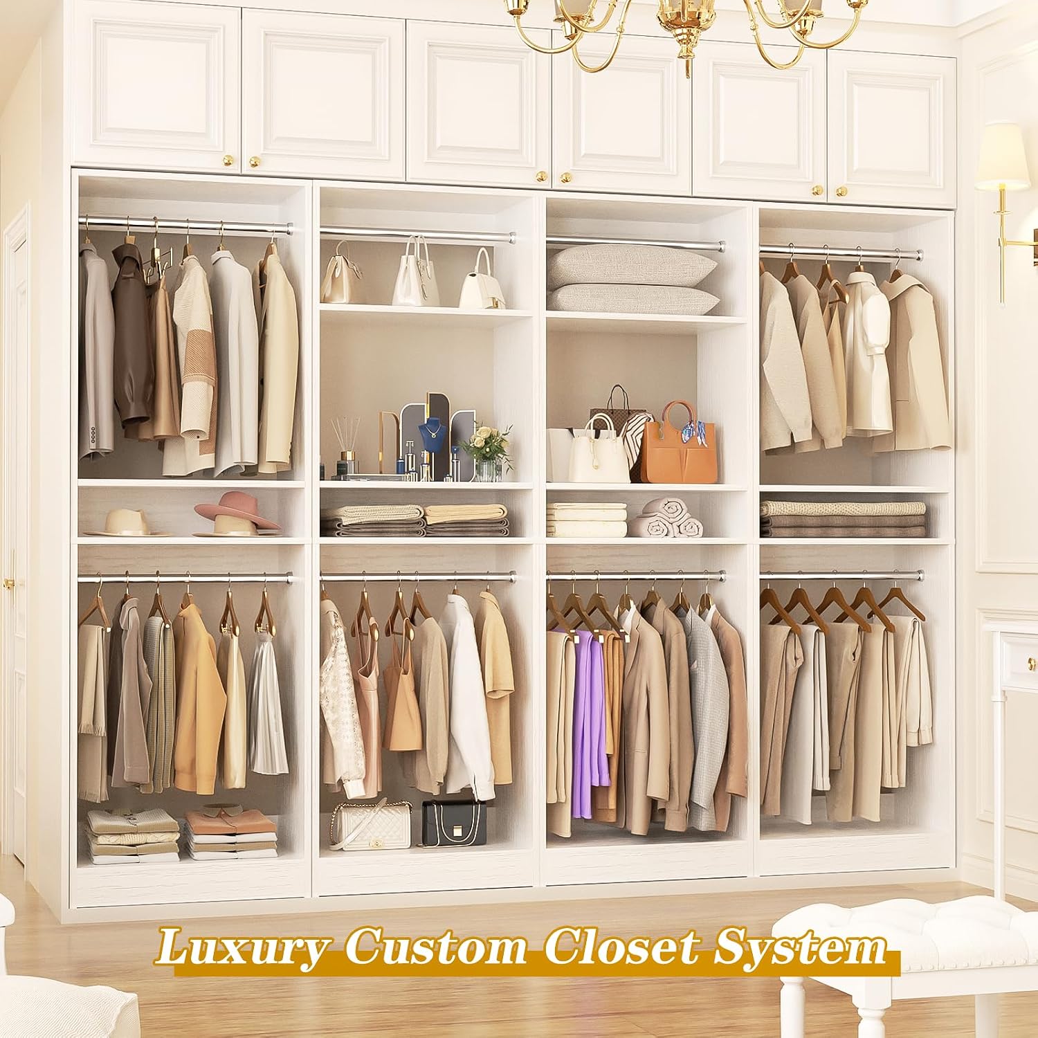 Unikito 100' Closet System, 8.3FT Wood Closet Storage Organizer with 8 Hanging Rods, Adjustable Large Walk in Wardrobe Closet Tower, Sturdy Clothes Garment Rack, Easy Assembly, Set of 4, White