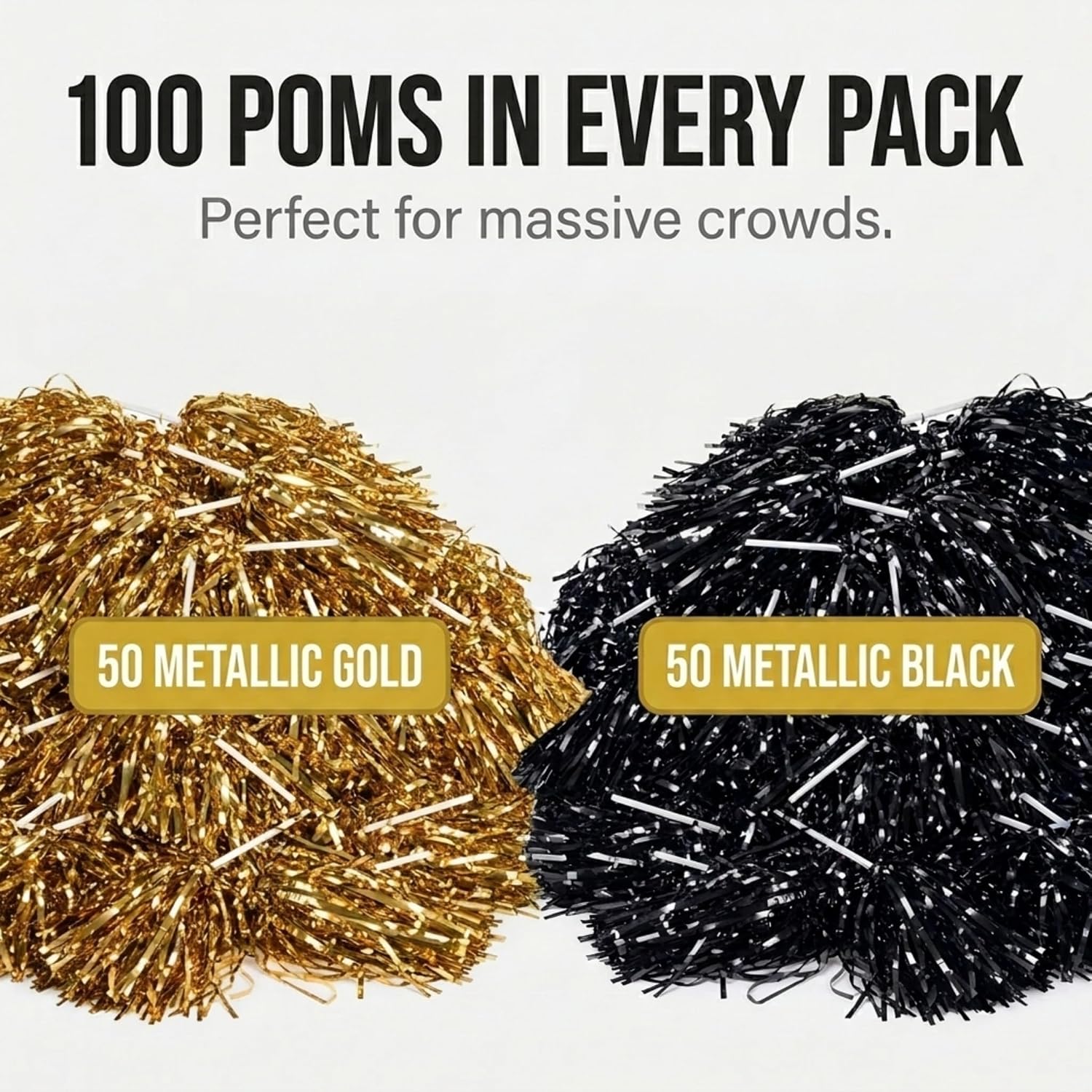 Anderson's Premium Metallic Black and Gold Foil School Spirit Shakers Cheerleader Pom Poms Sports Football Basketball Homecoming Squad Team Party Dance Club Performance Celebration Pack of 100