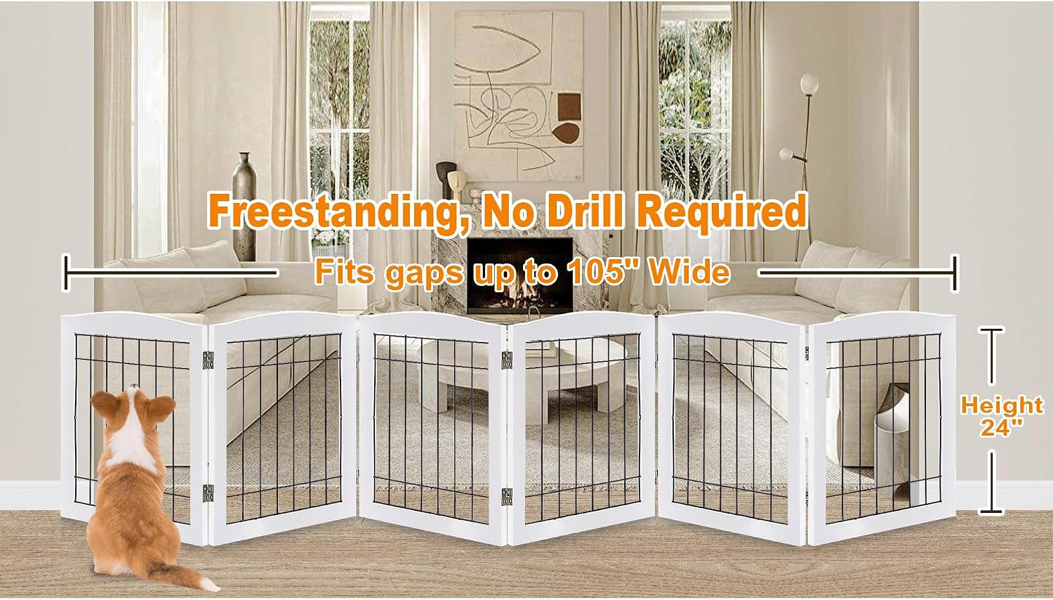 LZRS 6-Panel Extra Wide Wooden Freestanding Dog Gate: Foldable Solid Wood and Steel Wire Chew Resistant Safety Barrier for Doorways, Stairs, and Open Long Spaces Indoor Use, White