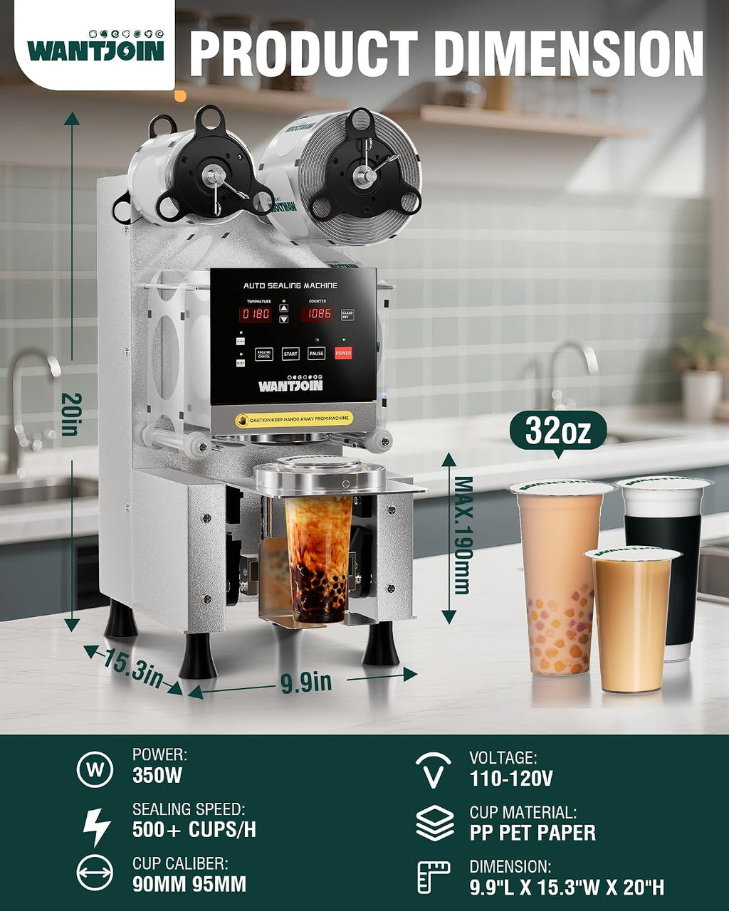 WantJoin Cup Sealer Machine - Full Automatic Cup Sealing Machine 90/95mm Caliber Electric Boba Sealing Machine Seals 500-600 Cups/H Digital Control Panel Cup Sealer for Bubble Milk Tea Coffee Shop