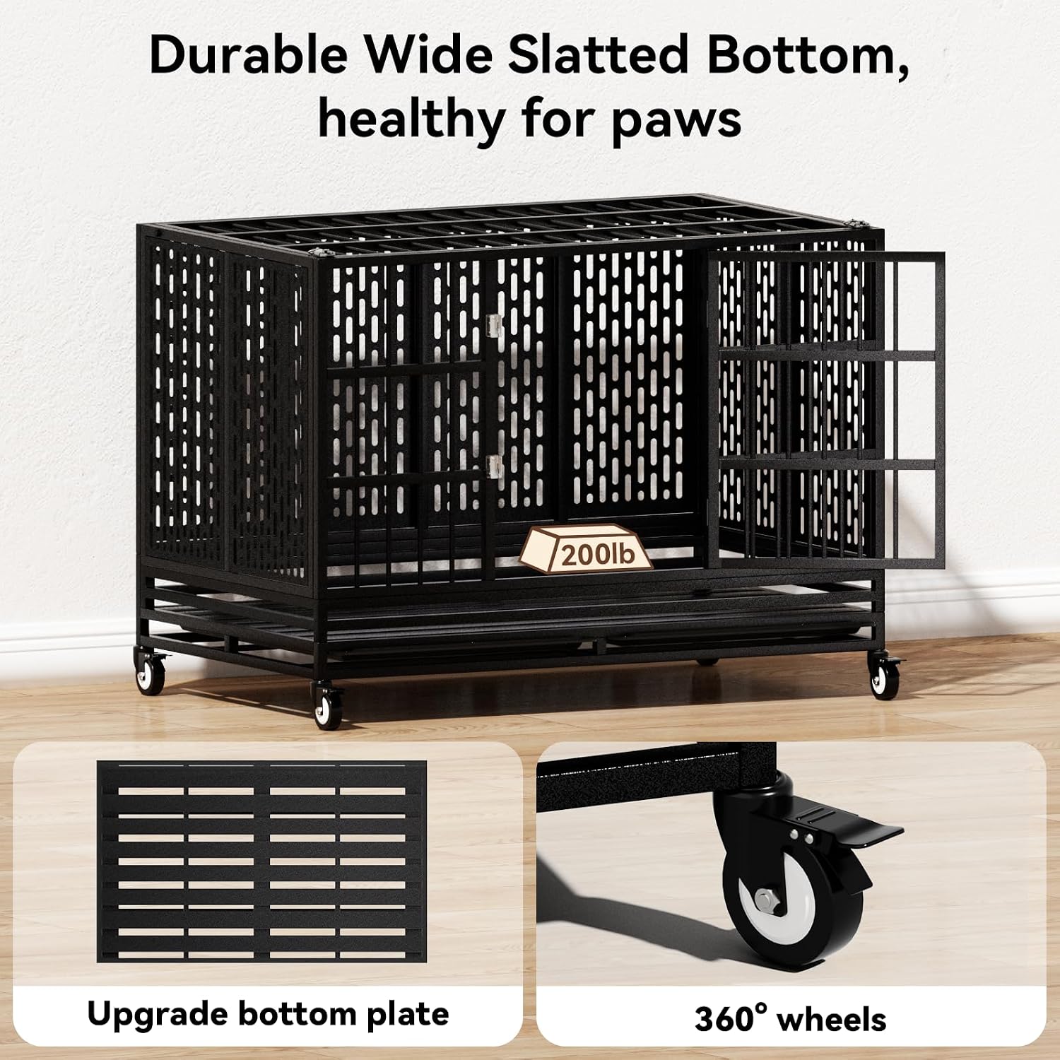 48 Inch Heavy Duty Dog Crate with Wheels,Indestructible Escape-Proof Dog Kennel with Locking Latch and Double Door,Extra Large XL XXL Crate Indoor for Large and Medium Dog with Removable Tray