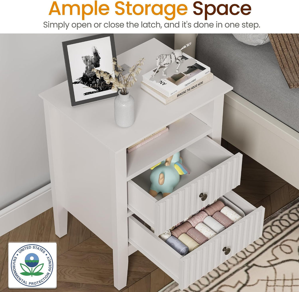 RoyalCraft Fluted Nightstand Set of 2 with Charging Station, White End Table with 2 Silent Slide Drawers & Storage Shelf, Modern Side Table, Wood Night Stand Cabinet for Bedroom