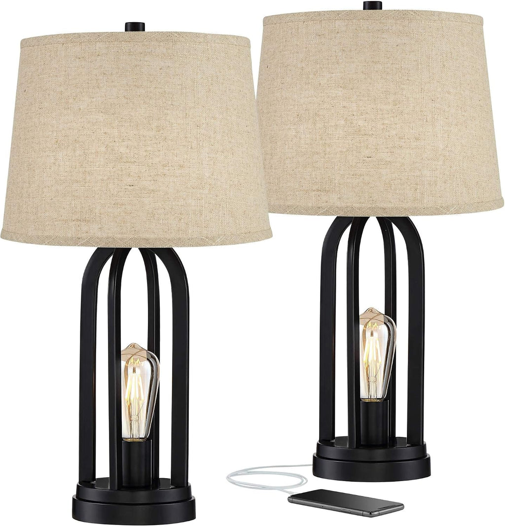 360 Lighting Marcel Industrial Modern Table Lamps 24.25' High Set of 2 with USB Charging Port and Nightlight LED Black Metal Burlap Linen Shade for Living Room Desk Bedroom House Bedside