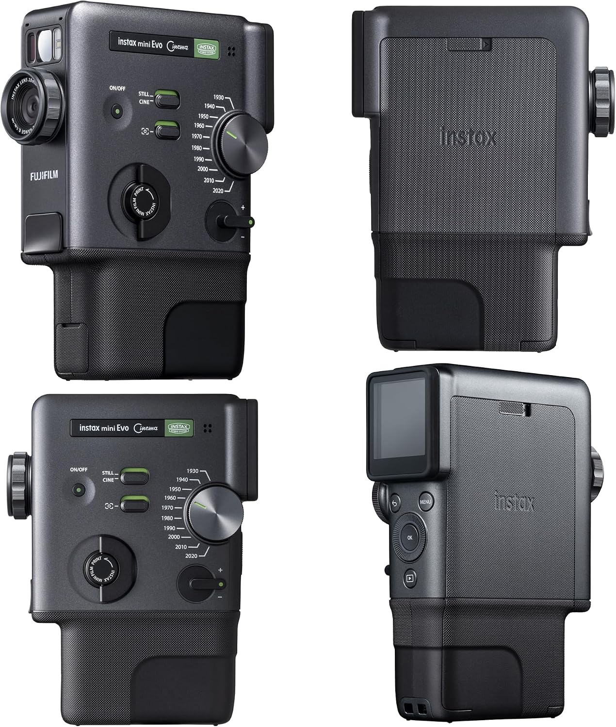FUJIFILM instax mini Evo Cinema Hybrid Instant Camera Bundle, 3-in-1 Camera Printer with Bluetooth + Gen Dial for 10 Decade-Inspired Effects + Instax-Mini Twin Pack Instant-Film 60 Sheets + More