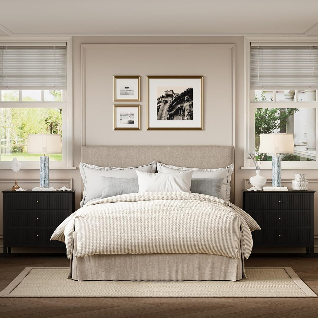 RoyalCraft 32' Large Nightstand Set of 2, Fluted Painted Bedside Table with 3 Spacious Drawers, Modern Tall End Table for Bedroom, Black