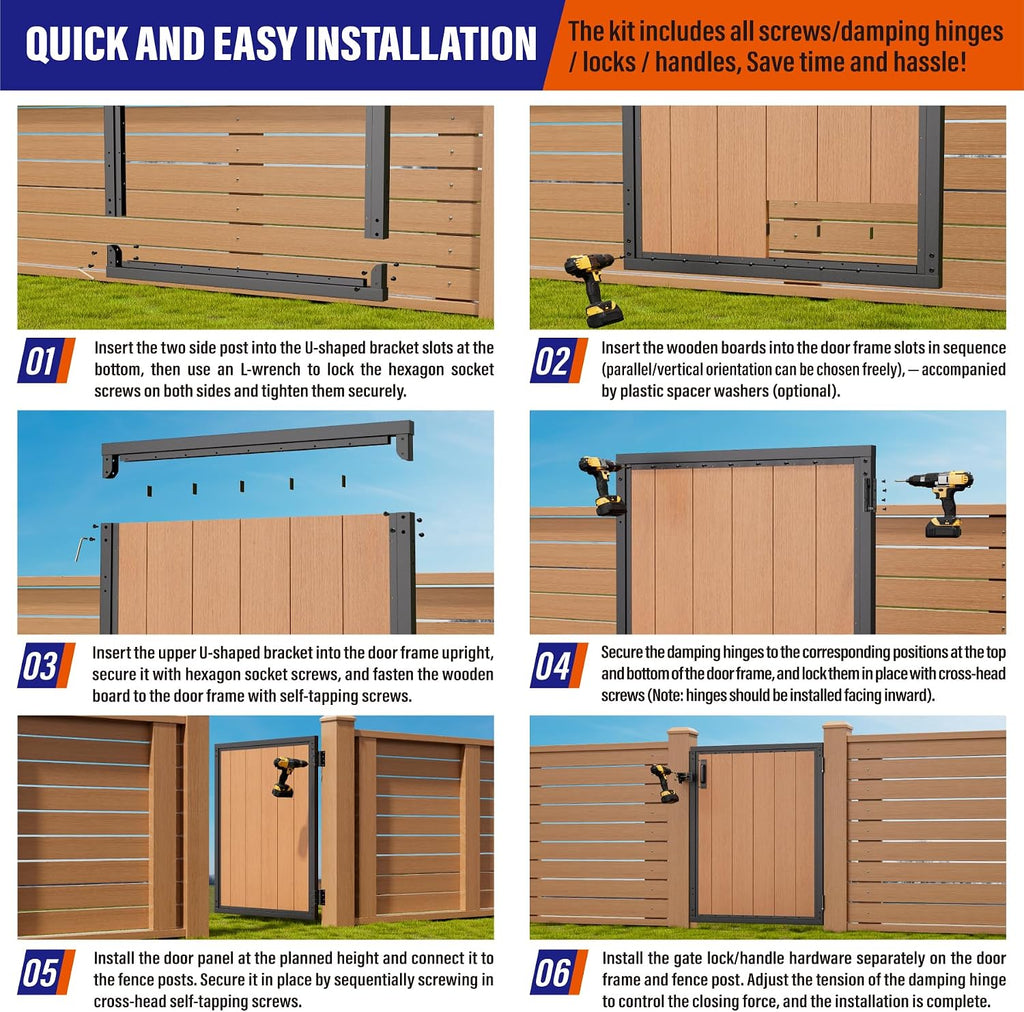 3x4FT (34.8'W X 47.2'H) 201 Stainless Steel Anti Sag Wooden Fence Gate Kit Heavy Duty Garden Gate Frame Hardware Kit Reinforcement (Left/Right Free-Installation)
