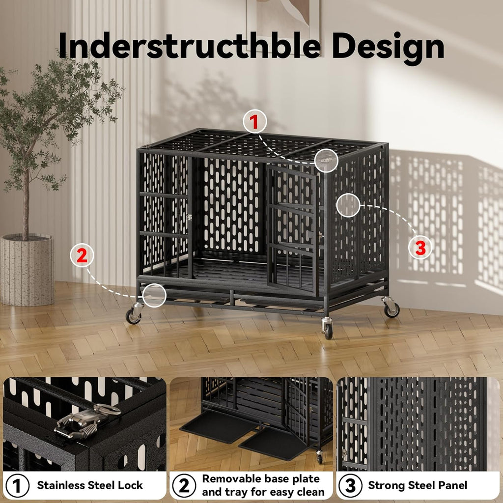 38 Inch Heavy Duty Dog Crate with Wheels,Indestructible Escape-Proof Dog Kennel with Locking Latch and Double Door,Extra Large XL XXL Crate Indoor for Large and Medium Dog with Removable Tray